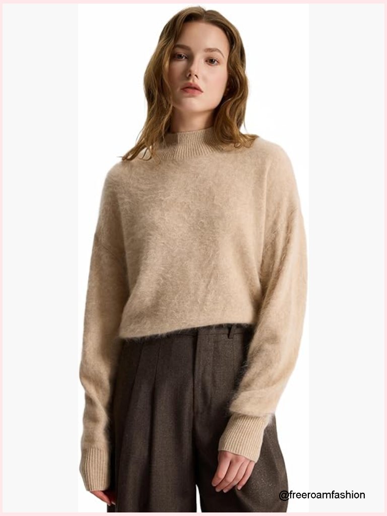 Boxy Brushed Cashmere Turtleneck Pullover Sweater Loose Fit Long Sleeve
